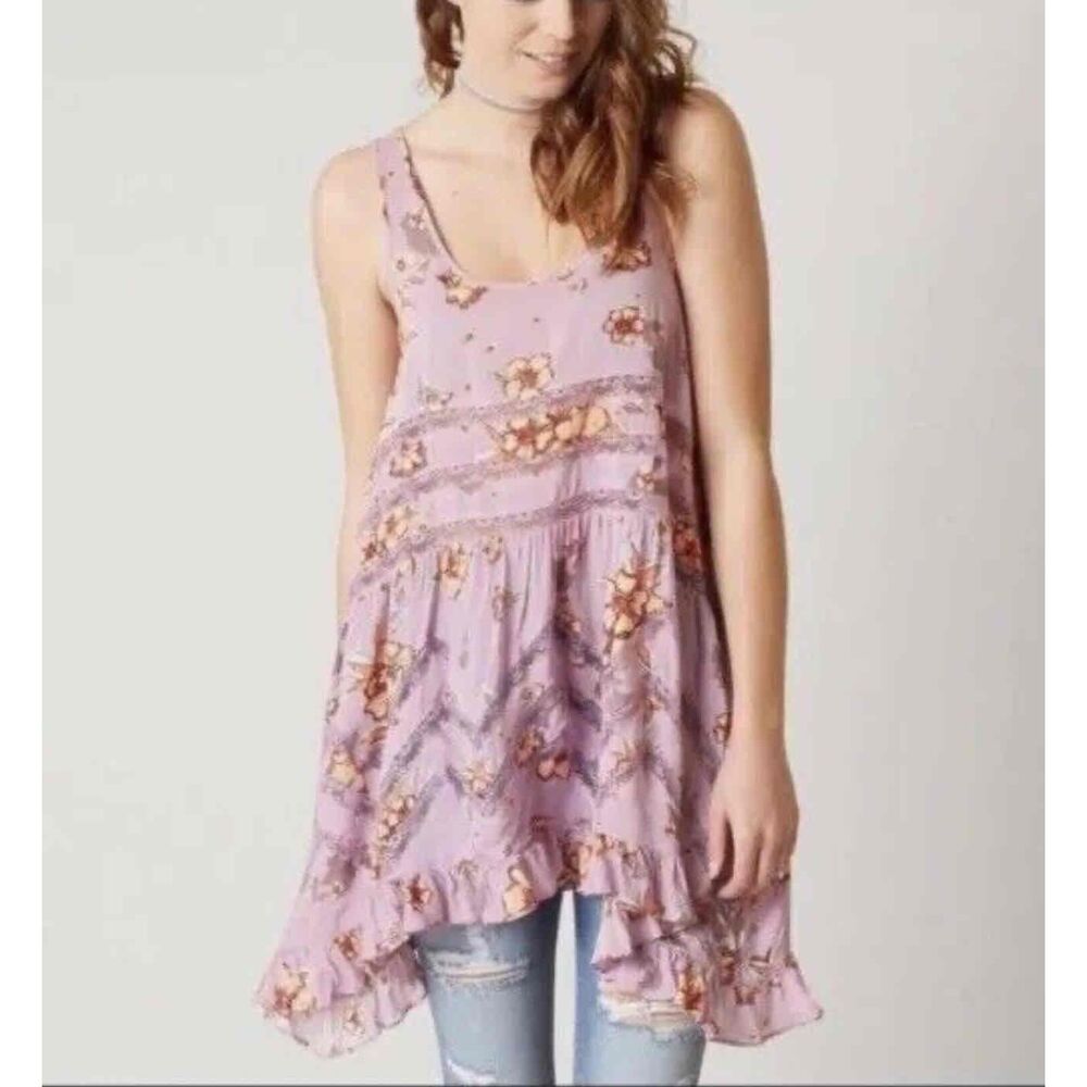 Free People Voile and Lace Trapeze Tunic Tank Top Floral Asymmetrical Ruffle XS